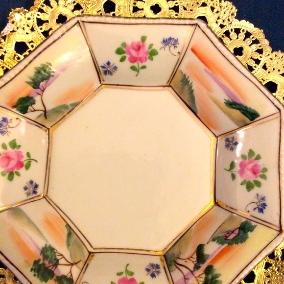 Nippon Art Nippon Bowl Antique Rare Octagon Dish Handpaint Japan Green Crown Mark 8911921